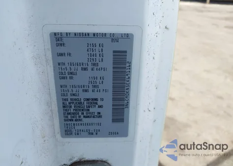 2014 Nissan Nv200 Sv z USA, uszkodzony, nr VIN 3N6CM0KN5EK691162